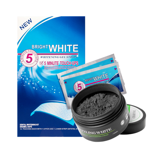 Paski wybielające BRIGHT WHITE 5 MINUTE TOUCH UPS - 28 szt +Węgiel aktywny proszek do wybielanie zębów DAZZLING WHITE